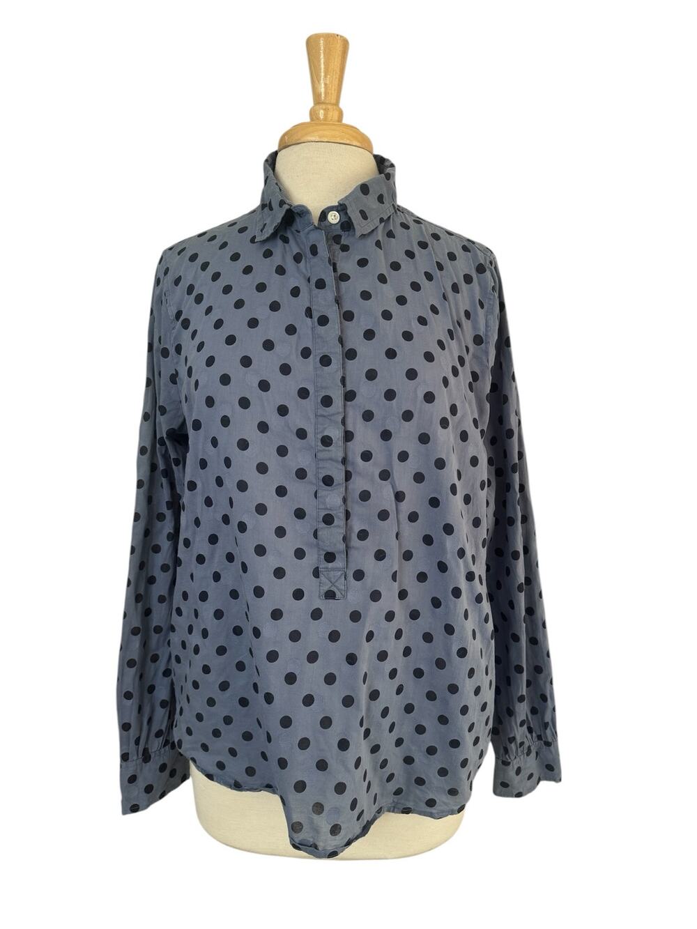 J.CREW Retro Polka Dot Popover Blouse Blue Size Large Womens Cotton Swiss Dot